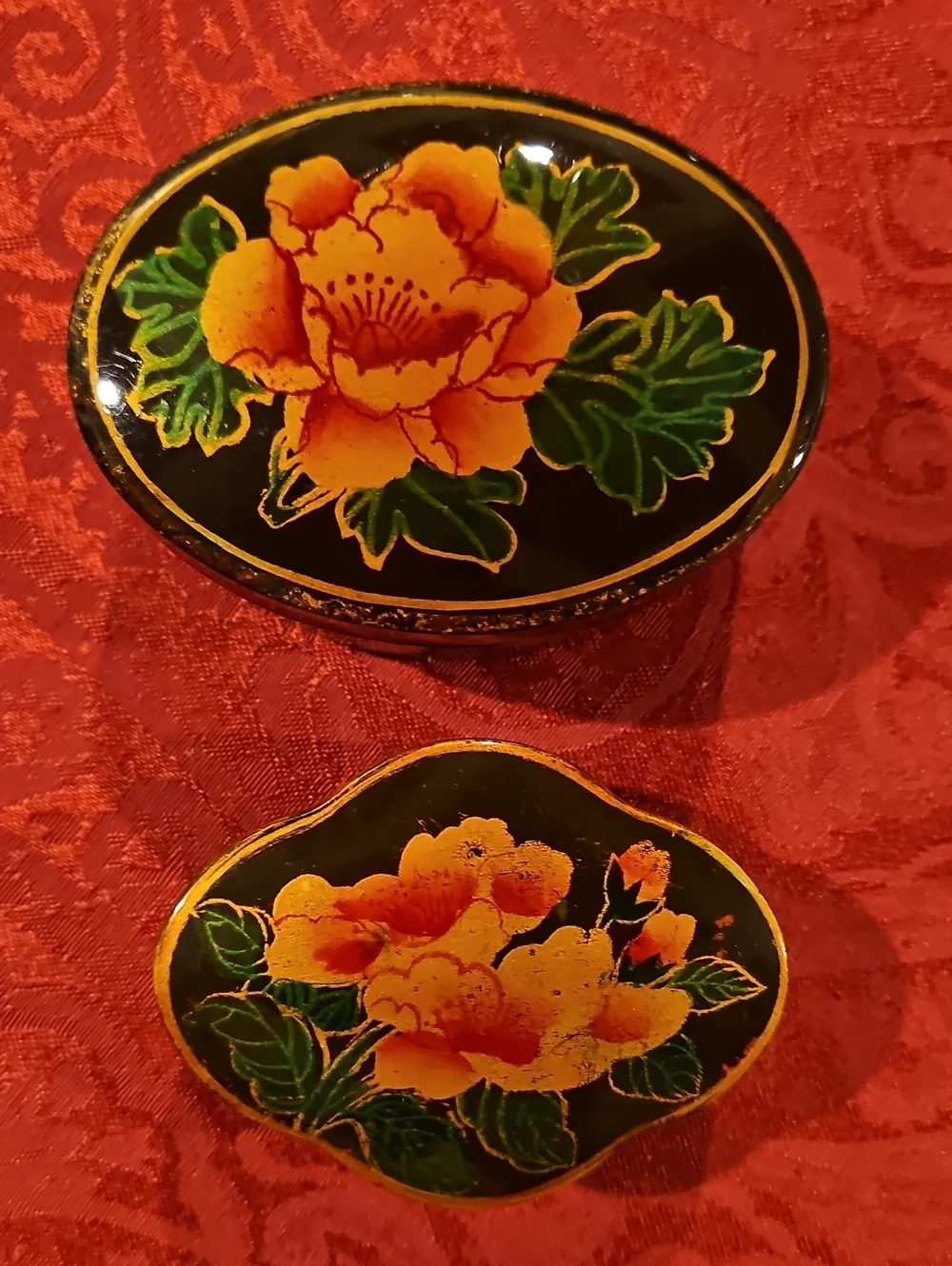 Vintage Asian Black Lacquer Floral Oval Trinket Boxes - Set of 2